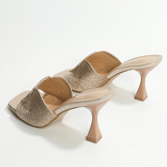 Gold Glamorous Womens Braided Detail Mules Fabric Pyramid Heel Sandals - Picture 4 of 5